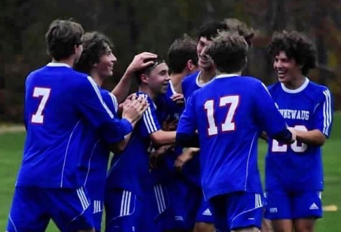 The Nonnewaug boys soccer team celebrates a goal earlier this season. The Chiefs, who won last years Berkshire League title, had a 9-1 record with three games remaining in this pandemic-shortened season.