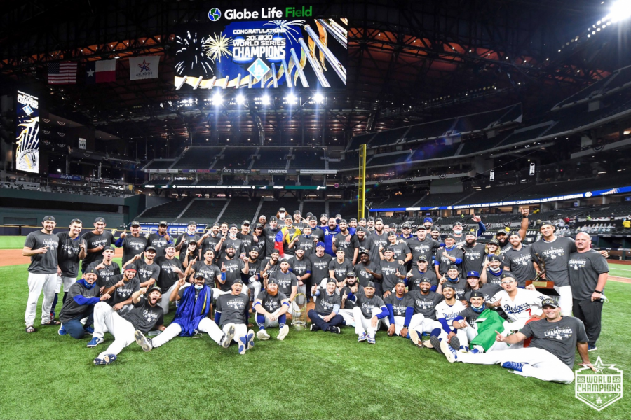The Los Angeles Dodgers celebrate their victory over the Tampa Bay Rays in the 2020 World Series in Arlington, Texas.