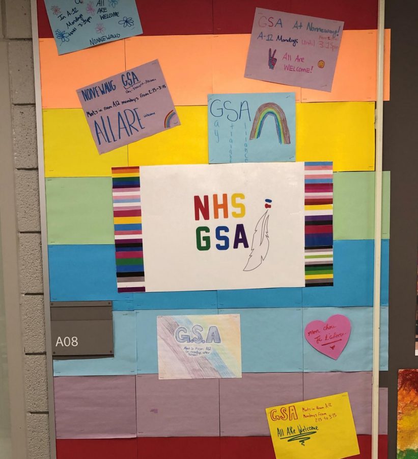 Nonnewaugs Gay-Straight Alliance, which is promoted outside room A8 at the school, is one of many ways in which inclusivity is promoted in the Chiefs community.