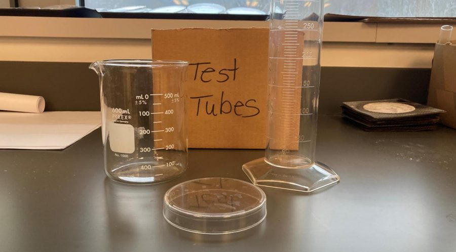 Lab supplies, like these in Toby Denmans class, might not be used much these days, but Nonnewaug science teachers are still figuring out ways to integrate labs into remote learning.