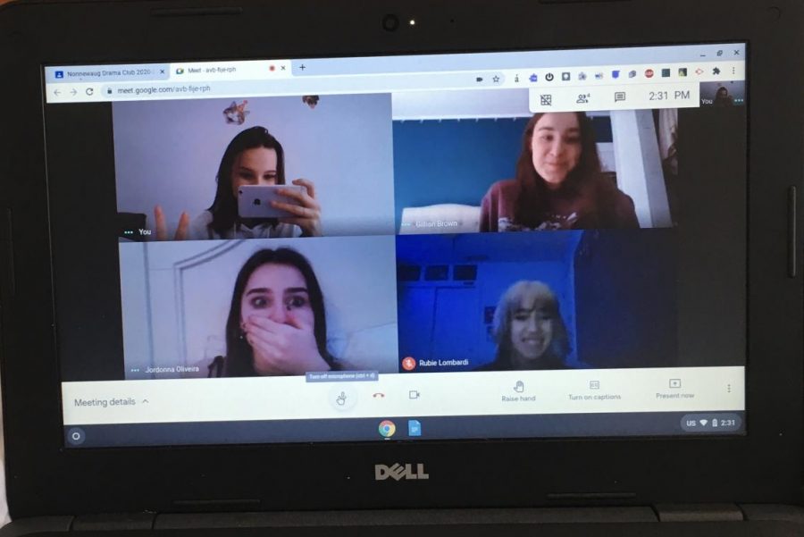 Drama Club students, clockwise from top left, Ally Roche, Gillian Brown, Rubie Lombardi, and Jordonna Oliveira join a Google Meet. The club hasnt been able to hold in-person meetings or rehearsals due to the pandemic.