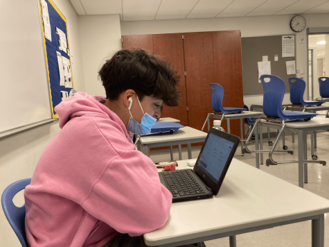 Izzy DiNunzio uses a Chromebook during class.