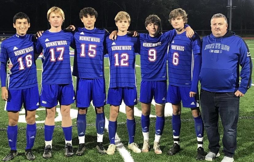 The Nonnewaug boys soccer teams six seniors have clinched four Berkshire League titles in their four years playing high school soccer. This years seniors were, from left, Christo Jamo, Chris Culkin, Aiden Colby, Owen Hale, Brendan Burke, and Collin Bootsma. Coach Toby Denman is pictured at right.