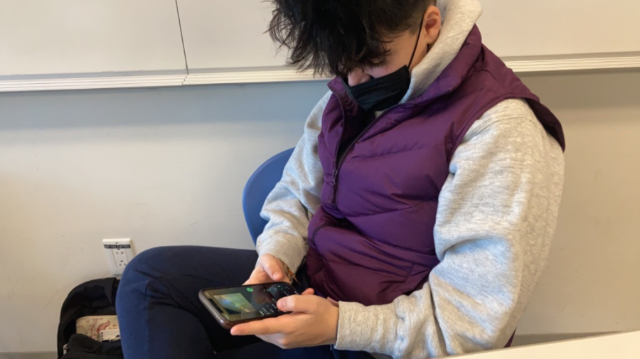 Izzy DiNunzio uses her phone during class. Despite Nonnewaugs stricter cellphone policy, students still have the urge to use their phones in class.