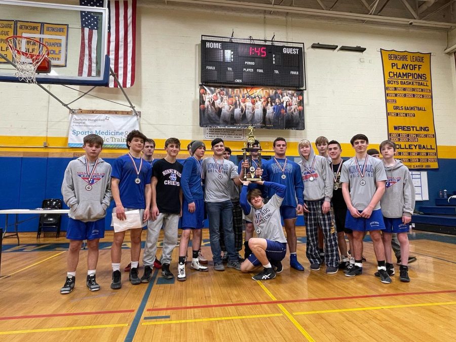 The+Nonnewaug+wrestling+team+poses+after+winning+the+BL+championship+Feb.+12.
