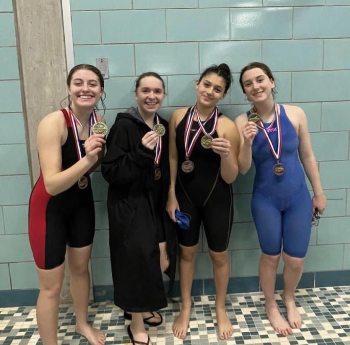 Featured record-breaking winners from Splish 2022 200 freestyle relay: Juliana Bailey (left), Amelia Pillis (second from left), Julia Longoria (second from right), Maddi Stamp (right). 