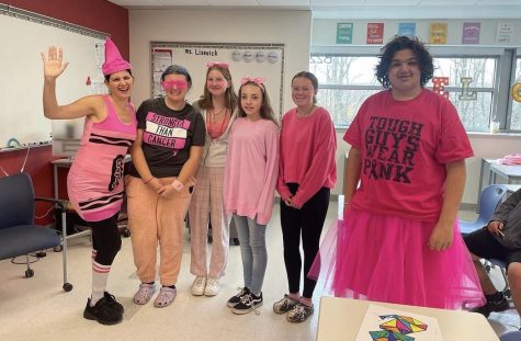 Nonnewaug students, along with math teacher Jamie Lisevick, pose in pink during the Oct. 28 pink-out at Nonnewaug. Proceeds benefited the Cancer Couch Foundation.