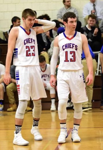 JD Gengenbach (left) and Jarrett Michaels (right) during on of their high school basketball games in 2018. 
