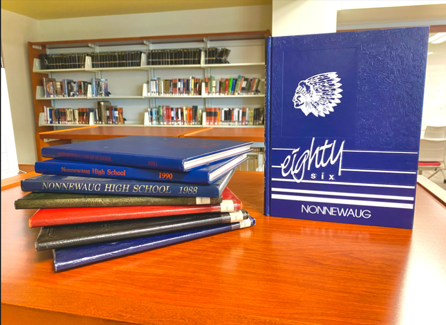 Nonnewaug High School keeps a collection of yearbooks in the LMC, dating as far back as 1942.