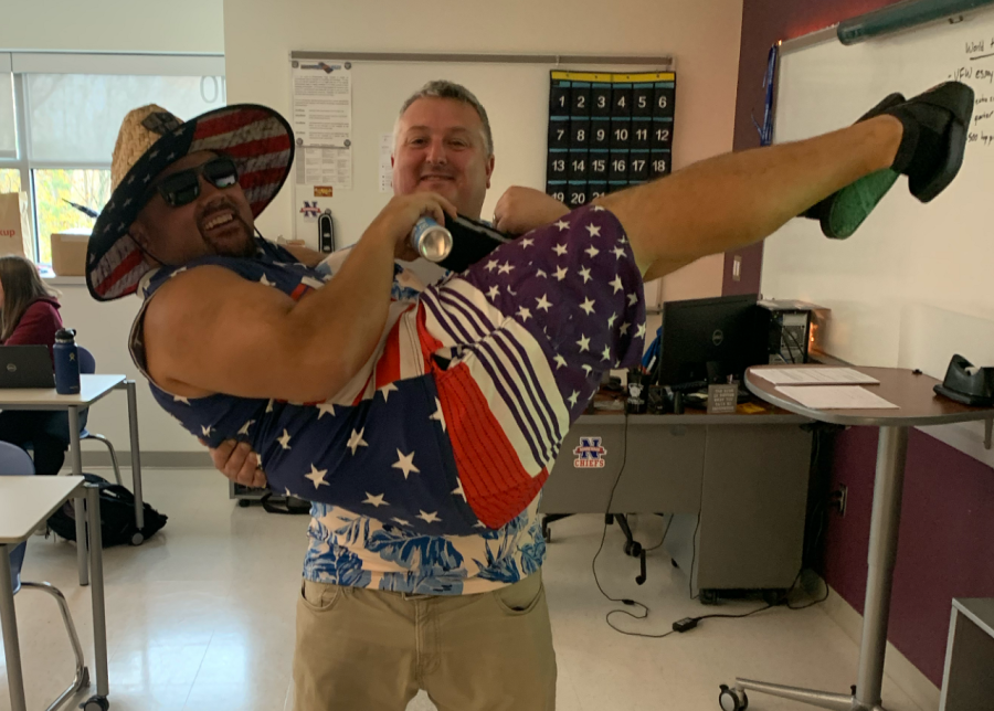 Teachers Kyle Brennan and Toby Denman were among the staff members to dress up for Teen Beach Tuesday during the fall Spirit Week.