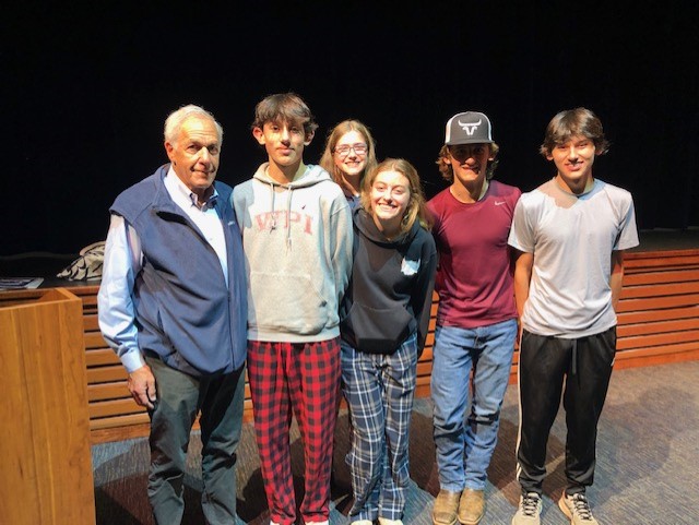 Former Southbury first selectman Ed Edelson, left, spoke to Nonnewaug civics students about the stand Southbury residents took against the Nazis in 1937.