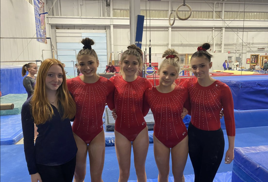 Five of the six members of Nonnewaug gymnastics, from left, Caroline Martinetto, Leah Murphy, Veronika Nicholas, Kylie Sherwill, and Emily Crawford.
