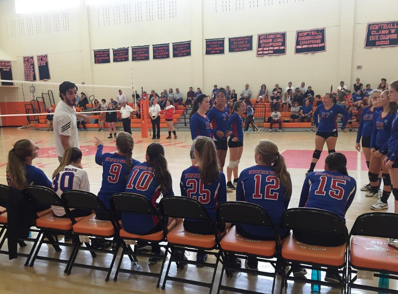 Marty+Malaspina+has+been+at+the+helm+of+NHS+volleyball+since+2014.++Malaspina+coaches+his+team+during+a+2016+game+vs.+rival+Terryville.+