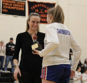 Nonnewaug girls basketball coach Rebecca Pope, left, presents Madison Dannenhoffer with the Berkshire Leagues sportsmanship award in February. Pope just completed her first year as the Chiefs head coach.