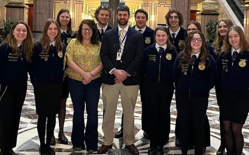 Agriscience+director+Ed+Belinsky%2C+center%2C+stands+with+FFA+students+at+the+Connecticut+state+capital.+%28Woodbury+FFA%29