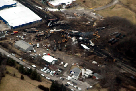 An overhead view of the Norfolk Southern train derailment in East Palestine, Ohio.