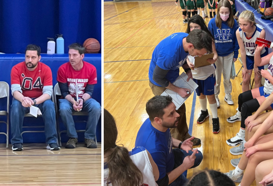 Left photo, Woodbury Middle School girls basketball head coach Mike Hadoulis, left, and assistant coach Adam Brutting sit on the bench during a game this season. Right photo, Hadoulis and Brutting talk to the Warriors during a timeout.