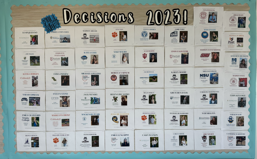 Residing outside the CCRC, the 2023 decisions board shows where some of the seniors are headed next year. (Fiona Gengenbach)