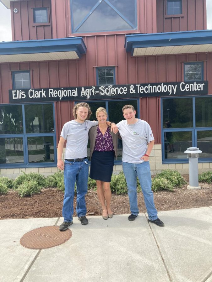 Sordi poses with Ryan Wicklund and Joe Velky in honor of FFA spirit week. Sordi has grown strong relationships with every student that has entered the doors of Nonnewaug. 