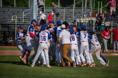 The Nonnewaug baseball team celebrates after the final out of the Class M state championship victory over Wolcott on June 10 at Palmer Field in Middletown.