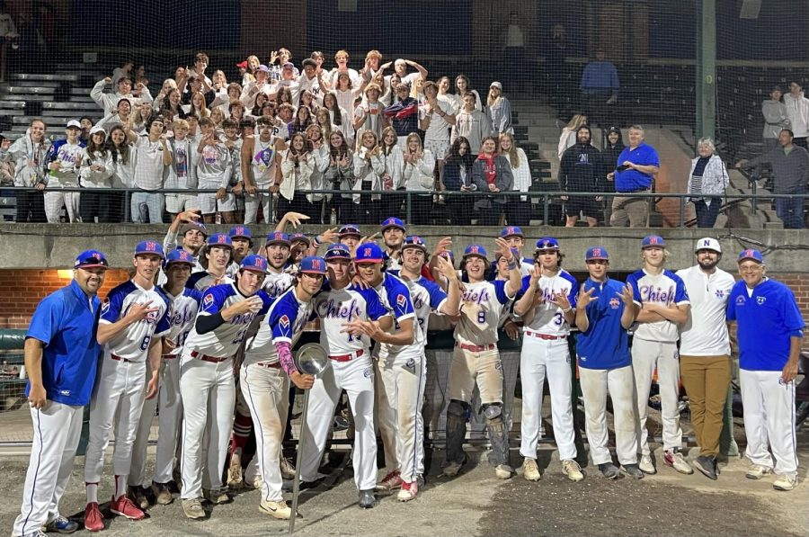 The Nonnewaug baseball team poses with the Chiefs student section after beating St. Joseph, 7-5, in the Class M semifinals Tuesday at Muzzy Field in Bristol.
