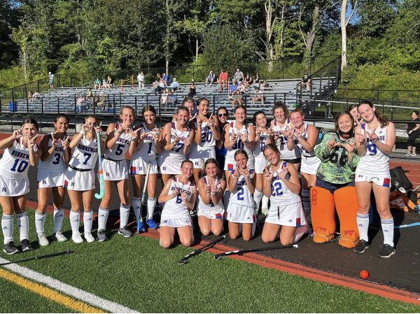 The Nonnewaug field hockey team poses after winning its first game, 1-0 over Northwestern in overtime on Sept. 12. Last spring, it looked like the Chiefs might not have enough players for a team, but an influx of new players have helped Nonnewaug put together a full roster.
