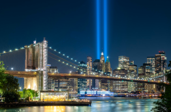 Blue lights shine at Ground Zero, representing all that New York along with the United States lost on 9/11. This day will always live in the hearts of many, and the light serves as that remembrance. 