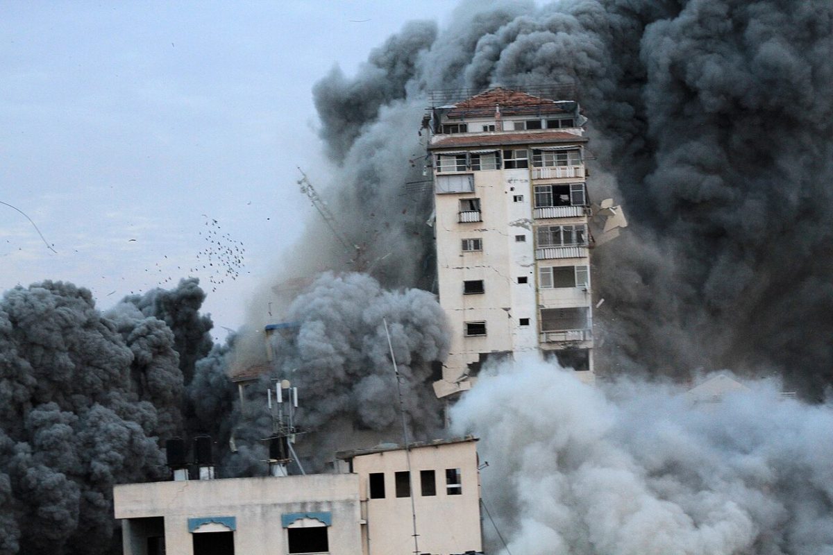 Destruction of the Palestine Tower in Gaza following an Israeli airstrike. (Courtesy of Palestinian News & Information Agency)