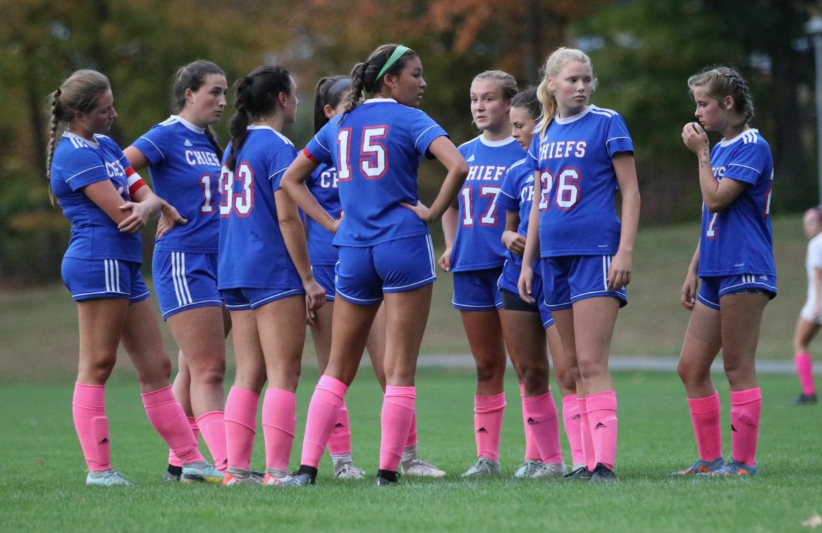 The Nonnewaug girls soccer team wears pink socks during its Oct. 18 game against Thomaston. Many of the Chiefs teams wore pink throughout October to support breast cancer awareness month.