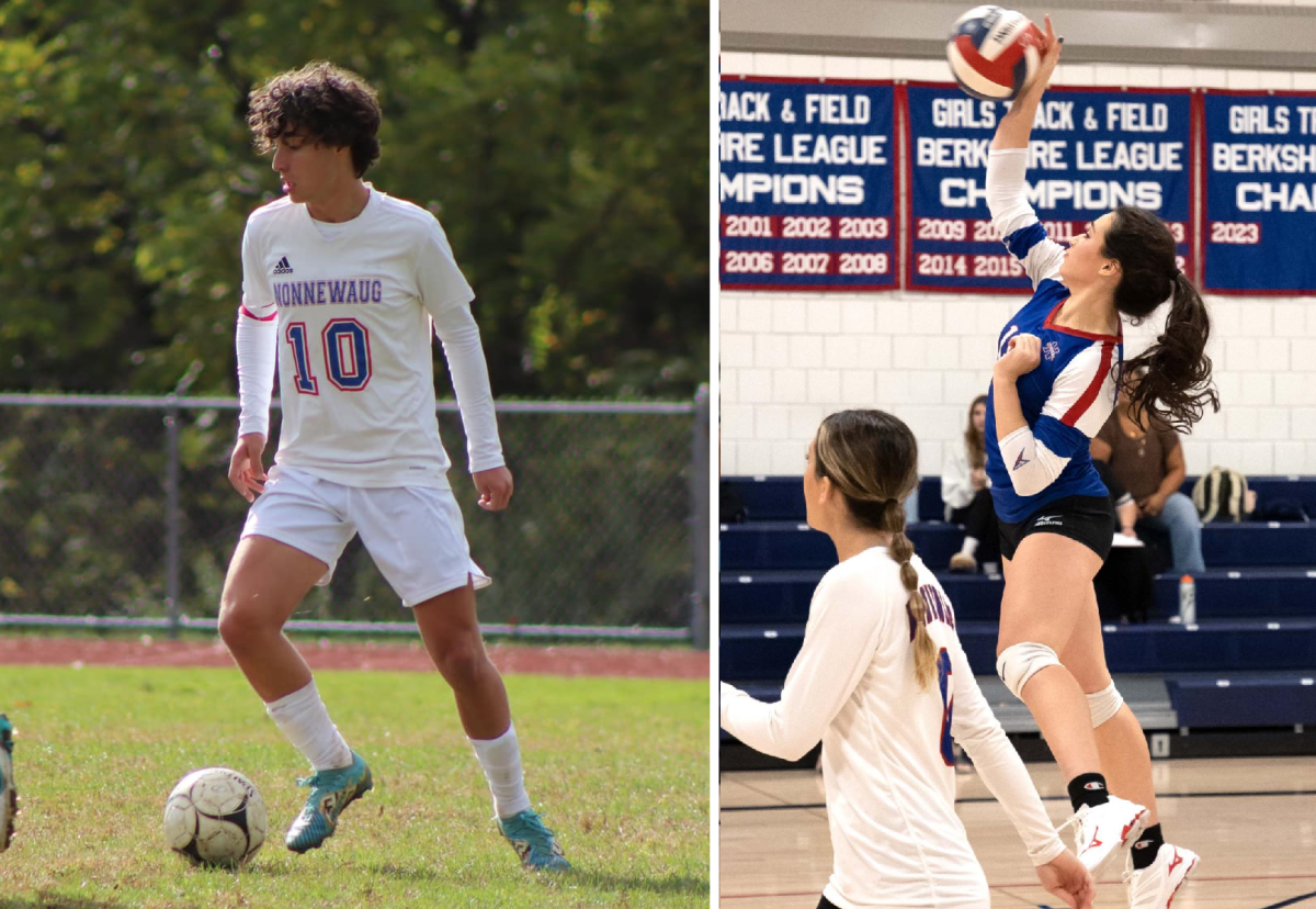 Nonnewaug boys soccer senior Azem Frangu, left, and Nonnewaug volleyball senior Maggie Keane, right, are the Chief Advocates September Athletes of the Month. (Photos courtesy Nonnewaug Boys Soccer/Facebook and Fred Raymond)