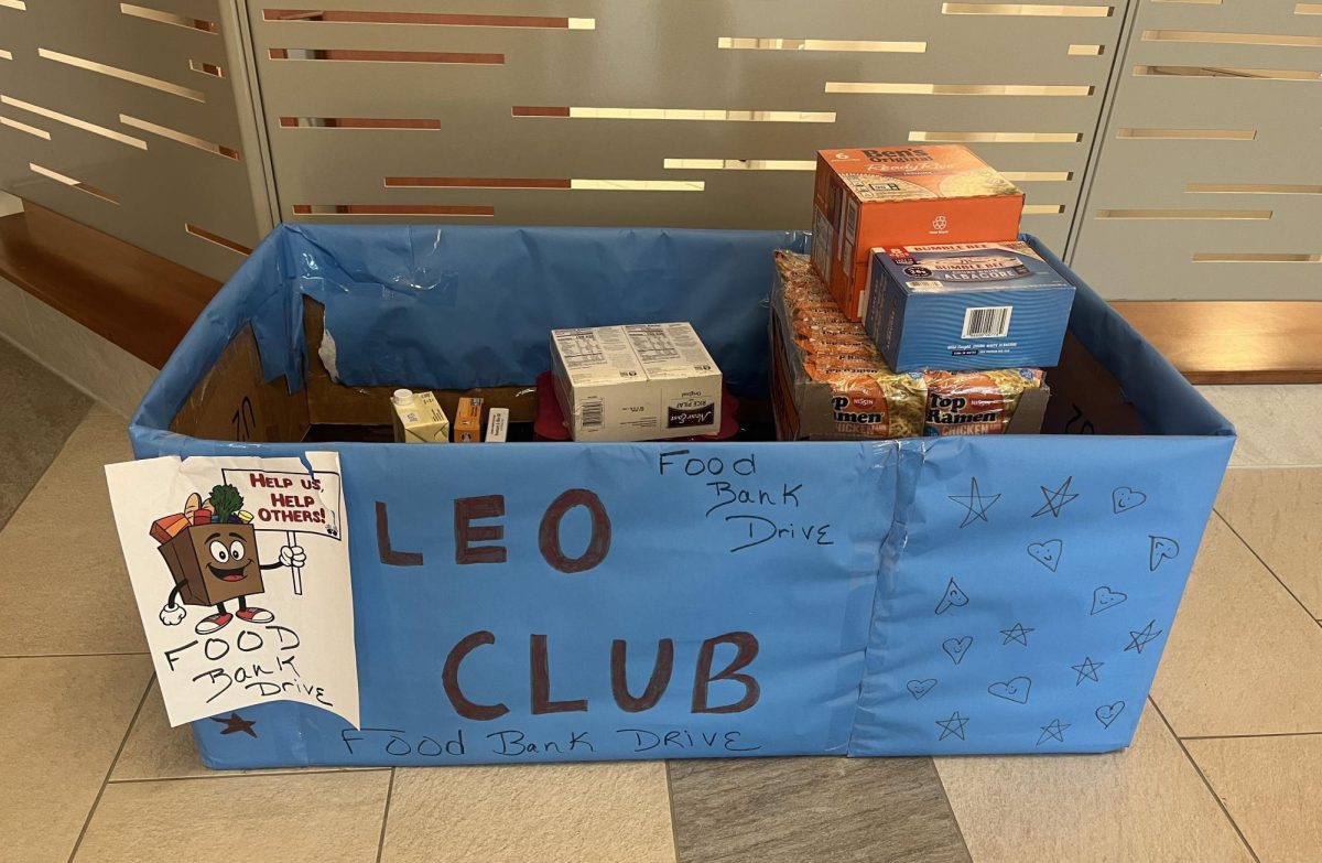 Leo Club food drive donation boxes are located in the main lobby and outside the nurses office.
