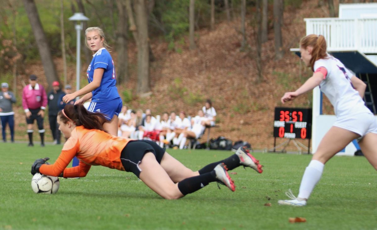 Nonnewaug junior goalie Savannah Czerepacha dives on a ball during the Chiefs 1-1 (2-0 PK) win over New Fairfield in the Class M state tournament first round Nov. 6.