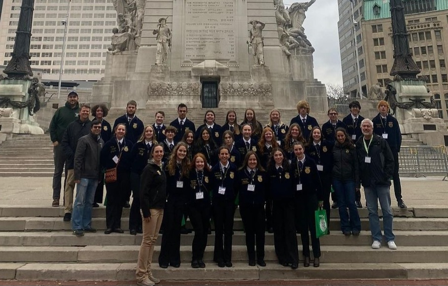 Nonnewaug agriscience teachers and students pose in Indianapolis at the National FFA Convention. Though the teachers are not actively in the class while at nationals, their responsibilities never go away and the students never stop learning.