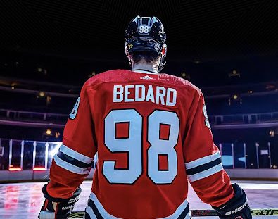 Connor Bedard donning the Chicago Blackhawks home jersey on the ice for the first time. The picture was taken the day before his first-ever home game Oct. 21 where the Blackhawks would lose to the Vegas Golden Nights by a score of 5-3. (Blackhawks/Instagram)