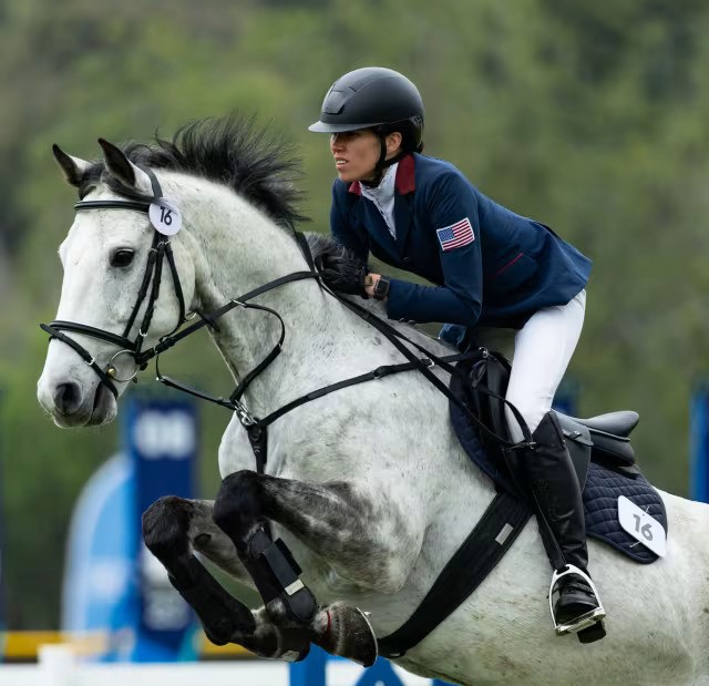 Jess Davis, a 2010 Nonnewaug graduate, competes in the equestrian portion of the modern pentathlon at the 2023 Pan American Games in Santiago, Chile. Davis qualified for the 2024 Summer Olympics in Paris. (Courtesy of Joe Kusumoto/U.S. Modern Pentathlon)