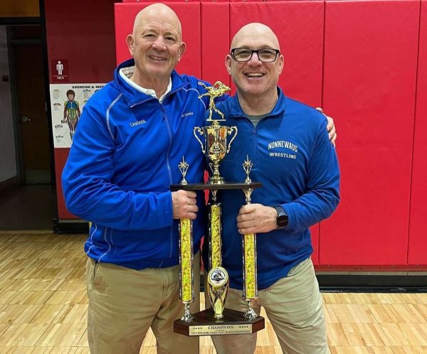 Nonnewaug wrestling coach Dave Green, right, poses with assistant coach John Lawless after winning the 2023 Berkshire Valley wrestling tournament. (Courtesy of Dave Green)