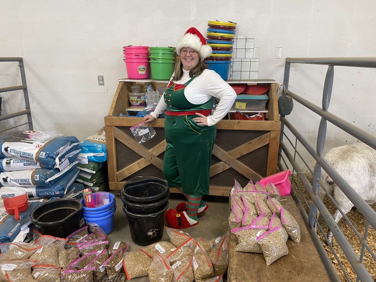 Instructor Kathleen Gorman fills the feed bags to prepare the holiday feeders for the week.  The feed is separated by the animals it is for and the correct amounts.