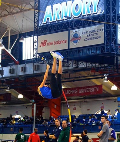 Jess Davis competes in the pole vault for Central Connecticut State University at The Armory, the famed Nike indoor track facility in New York City. Davis holds CCSUs indoor and outdoor pole records more than a decade after she set them. (Contributed by Jess Davis)