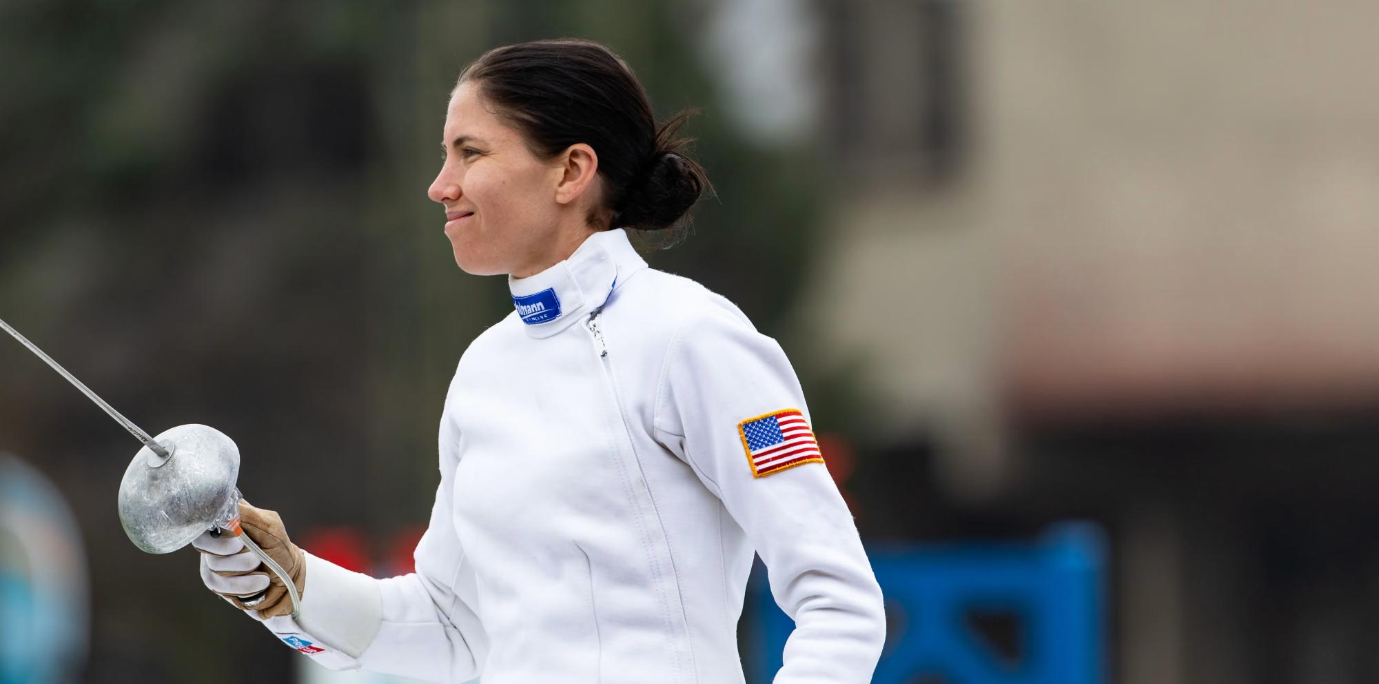Jess Davis competes in the fencing portion of the modern pentathlon at the 2023 Pan American Games in Santiago, Chile. (Courtesy of Joe Kusumoto/U.S. Modern Pentathlon)