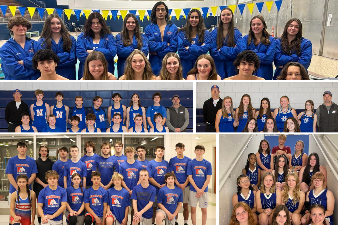 From bottom left, the Nonnewaug wrestling, boys indoor track, swimming, girls indoor track, and cheerleading teams are all sometimes overlooked during the winter sports season. (contributed photos)