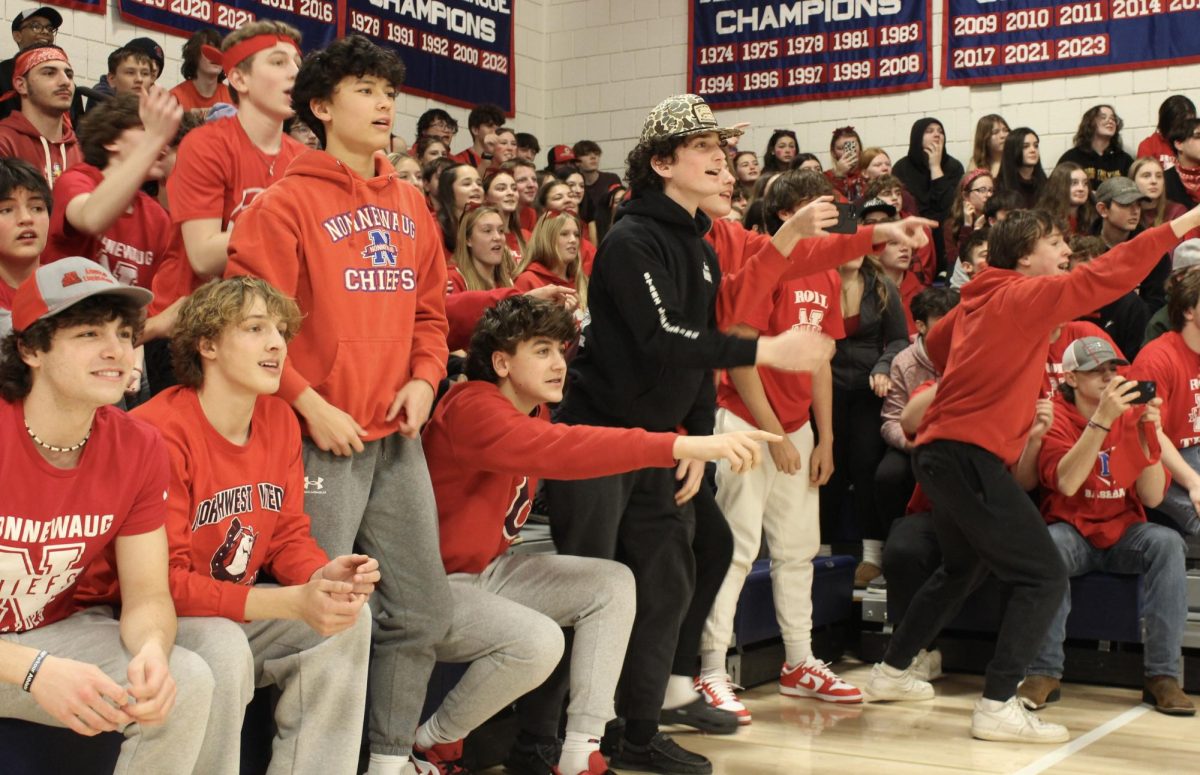 Nonnewaug sophomores, front row from left, Eddie Longo, Robert Metcalfe, Derek Chung, Brady Herman, and Ty Starziski cheer for the sophomore vs. staff basketball game during the red-out pep rally Feb. 2.