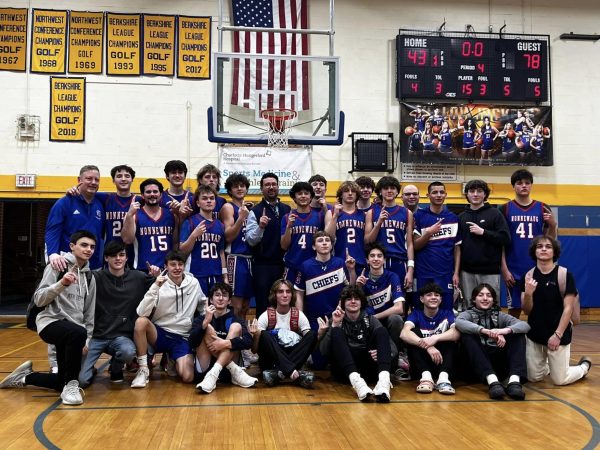 The Nonnewaug boys basketball team poses after beating Gilbert on Feb. 21 to win the Berkshire League championship outright. Its the Chiefs first outright title since 2011. (Courtesy of Nonnewaug boys basketball/Instagram)