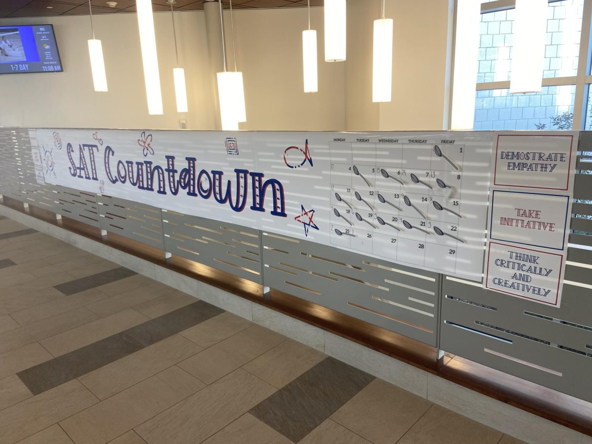 The SAT countdown sign hangs in Nonnewaug High Schools lobby, keeping the March 27 exam in juniors minds.