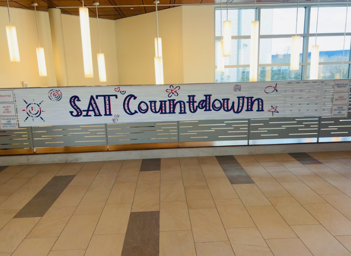 An SAT countdown banner hangs in the front lobby at Nonnewaug, helping to mentally prepare juniors for the March 27 test date.