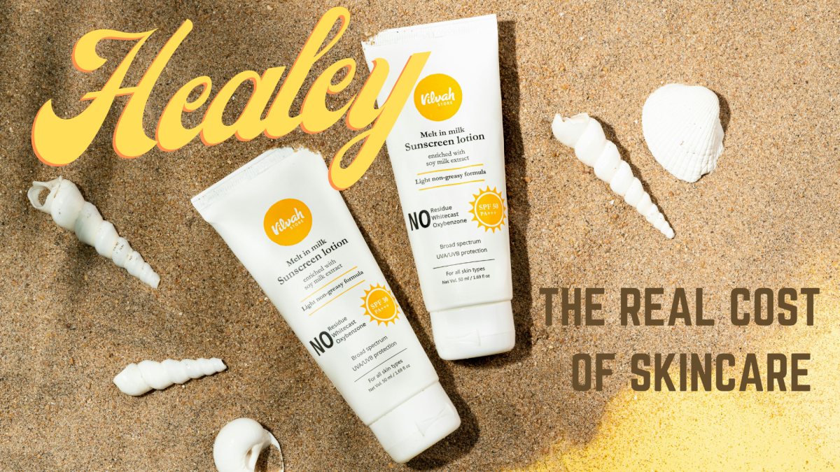 Sunscreen products in their plastic packaging in the sand on the beach, something that looks harmless; advertising has blinded the people to the real problem at hand.