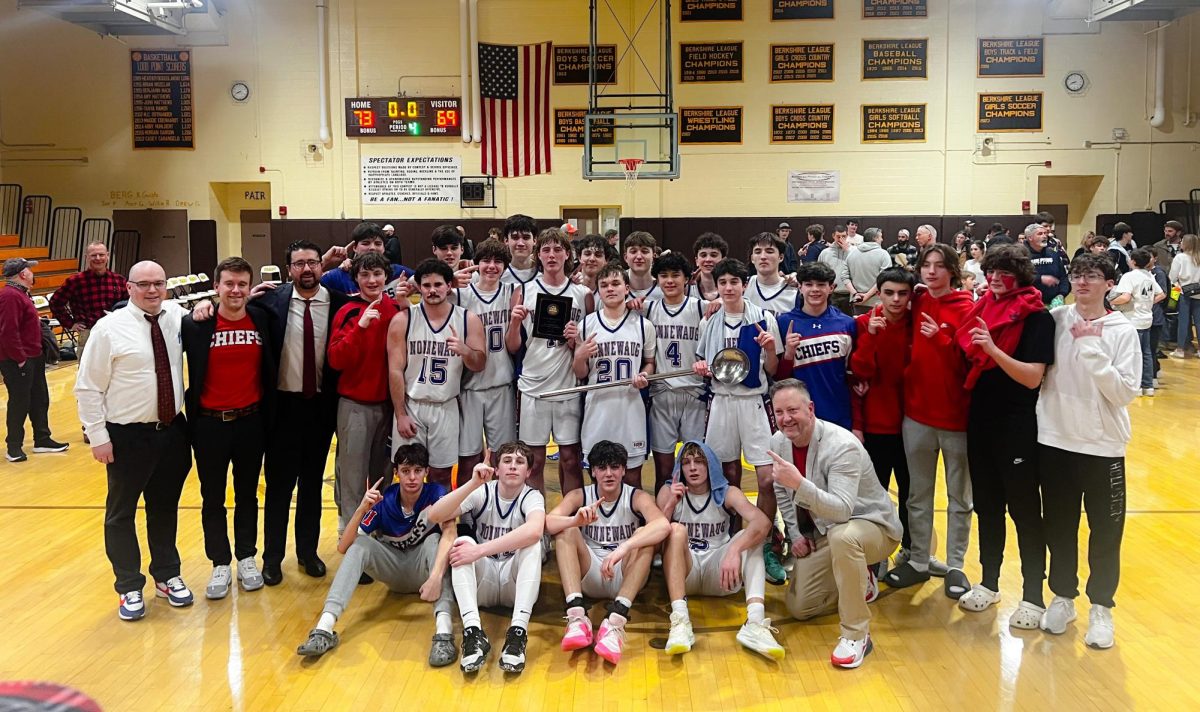 The Nonnewaug boys basketball team poses after winning the Berkshire League tournament championship by defeating Shepaug at Thomaston High. (Courtesy of Noreen Chung)