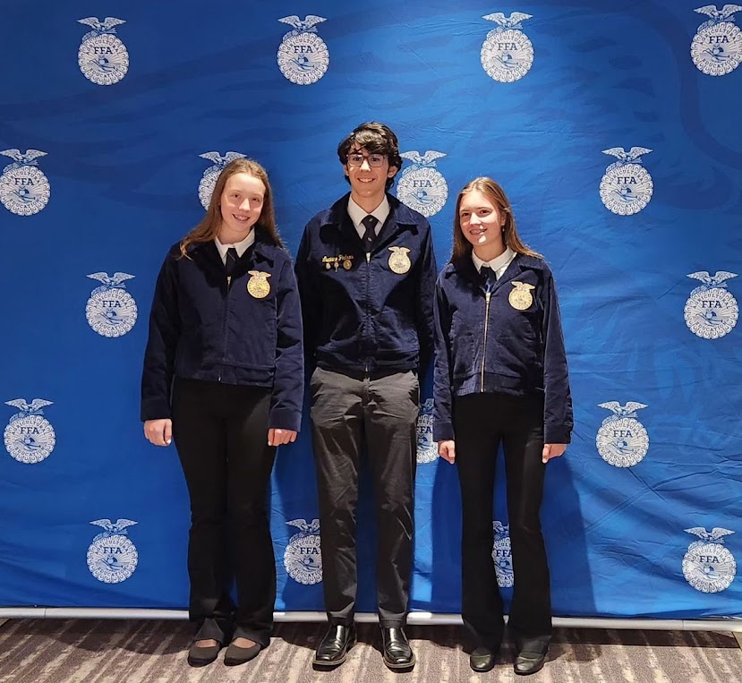 Each year, FFA students have the opportunity to participate in CDE [Career Development Event] or LDE [Leadership Development Event] competitions. These contests can bring students to compete at district, state, or even national levels and allow for students to grow within different agricultural fields or enhance their public speaking and leadership skills. In 2023, sophomores Macey Chimel (left), Luciano Pedros (middle) and Boe Stokes (right), competed at the national level in the Quiz Bowl CDE competition where they were to answer various questions regarding history of the FFA.