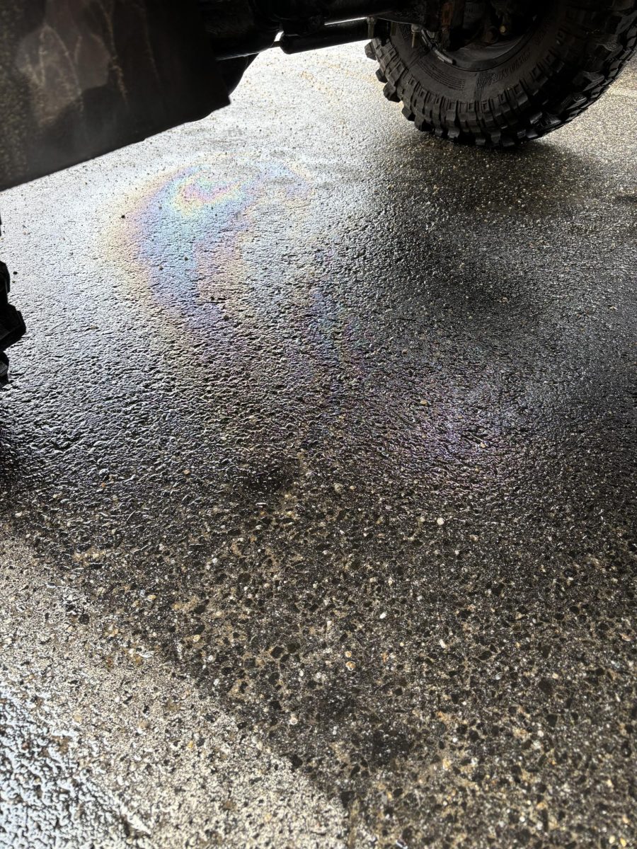 Oil dripping from a truck creates a rainbow sheen on the Nonnewaug high school parking lot 
