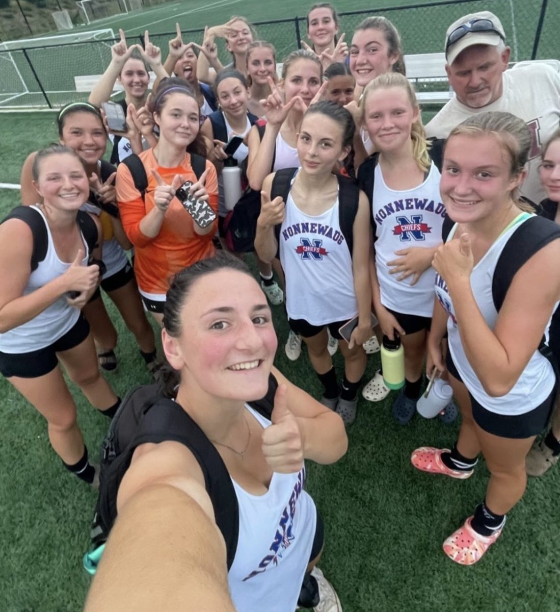 The Nonnewaug girls soccer team poses for a selfie during the summer. Many athletes agree that captains practices and summer workouts can be beneficial for team chemistry.