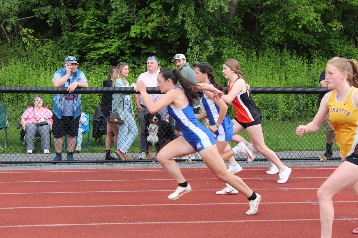 Senior Gianna Lodice en route to winning the 100 meter hurdle event. 
